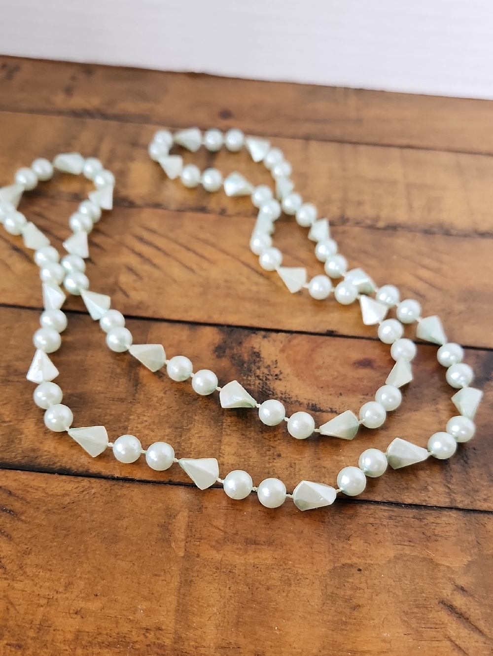 Pearl and Faceted Bead Long Necklace - Green Tint